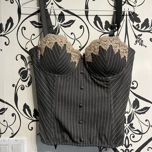 Grey Pinstripe Bustier Top with Beige Lace Trim